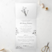 'V'モノグラム美しいスケッチフローラ結婚ズ 三つ折り招待状 (内部)