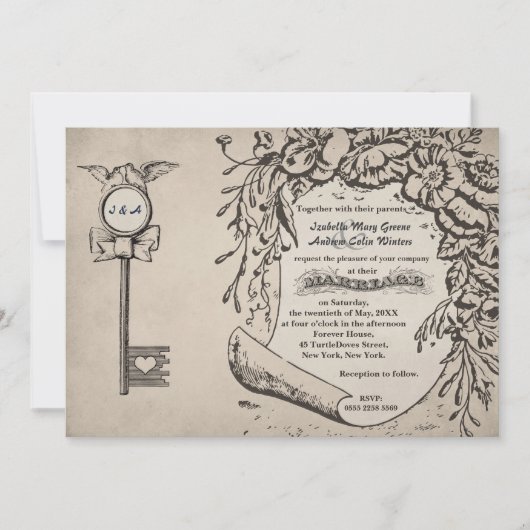 #V0を結婚しているヴィンテージ愛鍵およびカメの鳩 招待状 (正面)