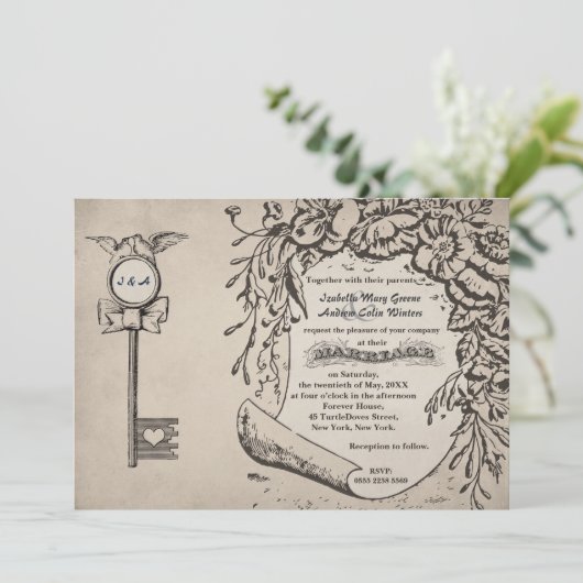 #V0を結婚しているヴィンテージ愛鍵およびカメの鳩 招待状 (スタンド正面)