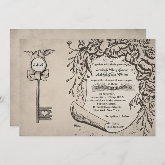 #V0を結婚しているヴィンテージ愛鍵およびカメの鳩 招待状 (正面/裏面)