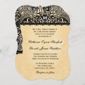 V08を結婚する金ゴールドのレースおよび黒いヴィンテージのダマスク織 招待状 (正面/裏面)