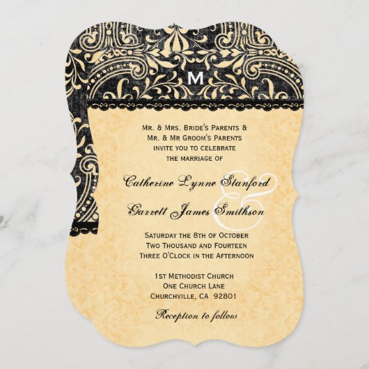 V08を結婚する金ゴールドのレースおよび黒いヴィンテージのダマスク織 招待状 (正面/裏面)