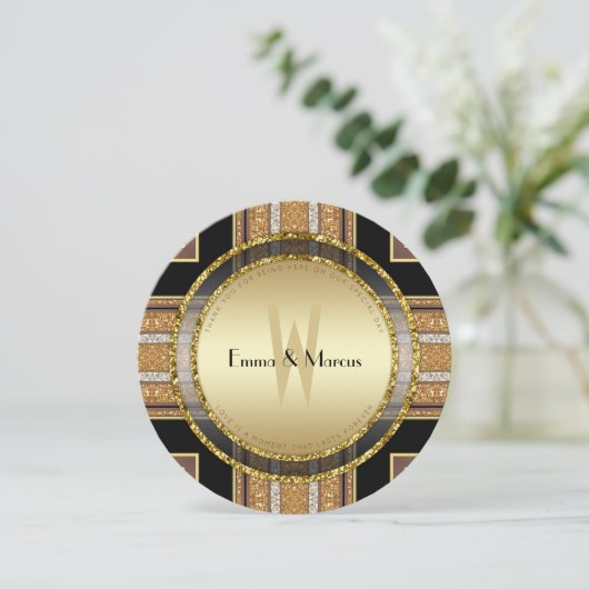 V1アールデコ金ゴールドグリッターラウンド結婚式招待状 招待状 (スタンド正面)