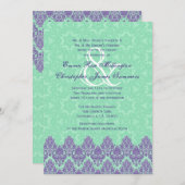 V12を結婚する紫色および真新しい緑のレースのダマスク織 招待状 (正面/裏面)