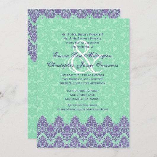V12を結婚する紫色および真新しい緑のレースのダマスク織 招待状 (正面/裏面)