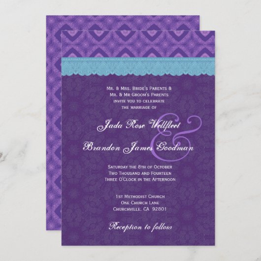 V18を結婚する王室のな紫色の水の青いレース 招待状 (正面/裏面)