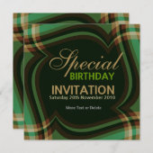v2グリーン金ゴールドタータンチェックスクエア招待状 招待状 (正面/裏面)
