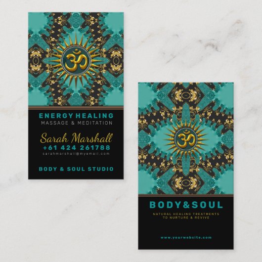 V2ティール（緑がかった色）金ゴールドイースタンスパークルOMヨガ名刺 名刺 (正面/裏面)