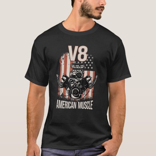V8 American Muscle Car USAフラグエンジンV8 Tシャツ (正面)
