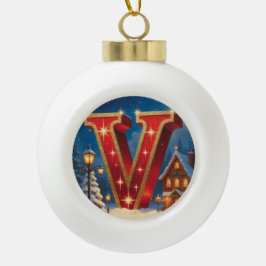 「V」クリスマスビレッジ　イニシャルオーダーメイド セラミックボールオーナメント