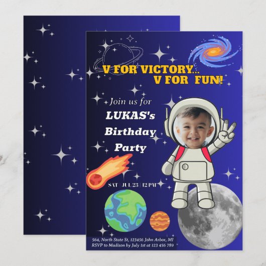 V For Victory V For Fun 宇宙飛行士の男の子の誕生日 招待状 (正面/裏面)