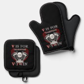 V is for Valentine, V-Twin Motorcycle. Biker 鍋つかみ&鍋敷きセット (正面/裏面)