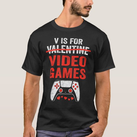 V Is For Video Games Funny Valentines Day Gamer Bo Tシャツ (正面)