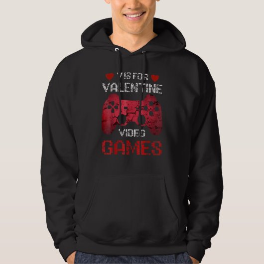 V is for Video Games Valentines Day Gamer Men Boys パーカ (正面)