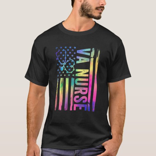 VAナース絞り染めカラフルアメリカ国旗の愛国心 Tシャツ (正面)
