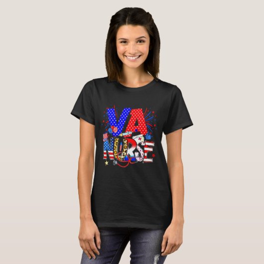 Va Nurse 4th Of July American Flag Stethoscope  Tシャツ (正面フル)