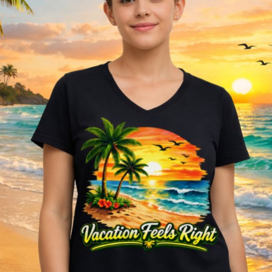 Vacation Feels Right Ocean Sunset V-Neck Tee USA Tシャツ