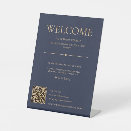 Vacation Rental Home Welcome QR Code Dark Blue 台座サイン (正面)