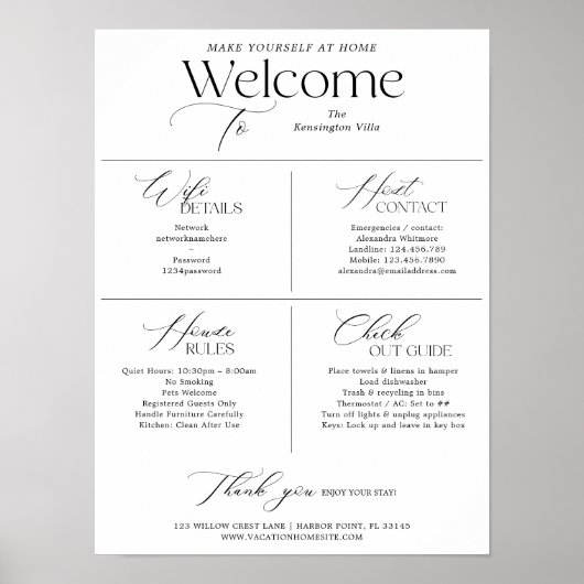 Vacation Rental Host Welcome House Rules WiFi Sign ポスター (正面)