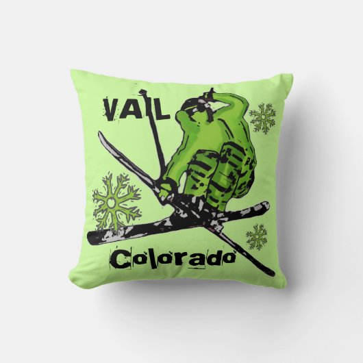 Vailコロラド州のネオン緑のテーマのスキーヤーの枕 クッション (正面)