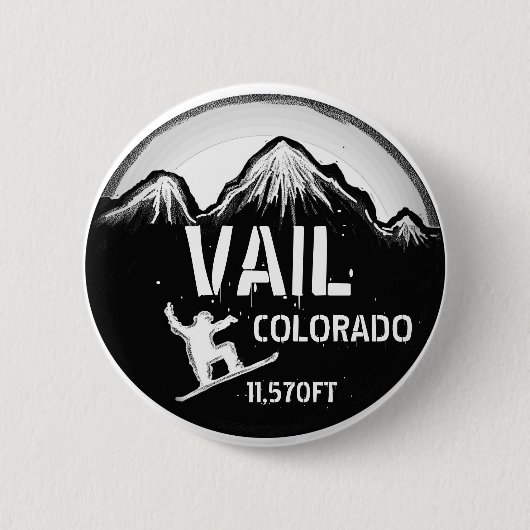 Vailコロラド州の白黒のスノーボードの芸術ボタン 缶バッジ (正面)