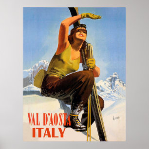 Val d'Aosta, Italy. Skiing woman. Winter holiday ポスター
