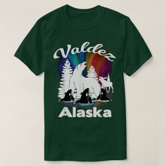 Valdez Alaska Aurora Borealis Bear Orca Moose Tshi Tシャツ (デザイン正面)