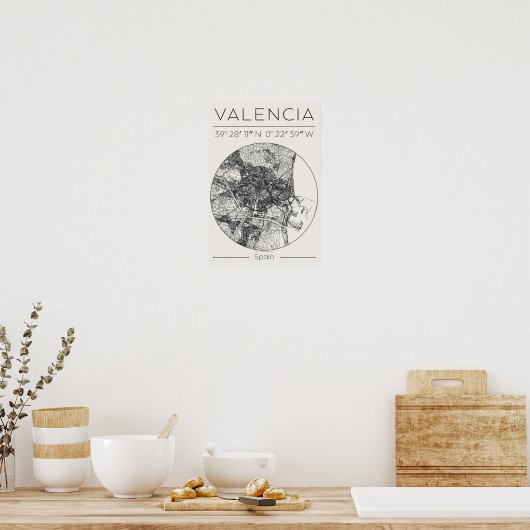Valencia City Map Poster Minimal Charcoal Wall Art ポスター (キッチン)