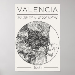 Valencia City Map Poster Minimal Charcoal Wall Art ポスター