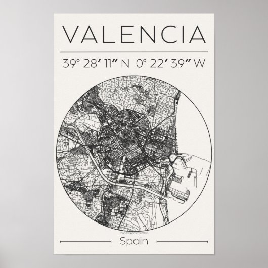 Valencia City Map Poster Minimal Charcoal Wall Art ポスター (正面)