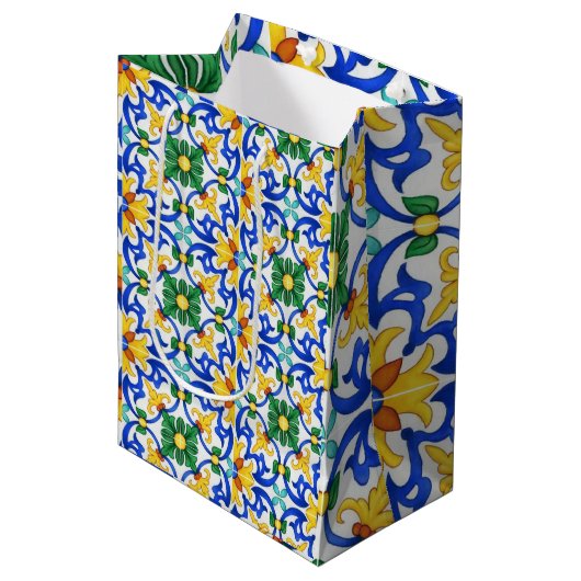 Valencia Garden Spanish Blue Green Mediterranean ミディアムペーパーバッグ (正面アングル)
