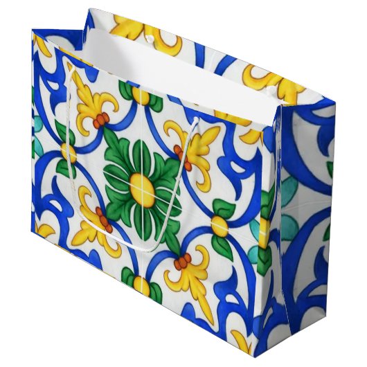 Valencia Garden Spanish Blue Green Mediterranean ラージペーパーバッグ (正面アングル)