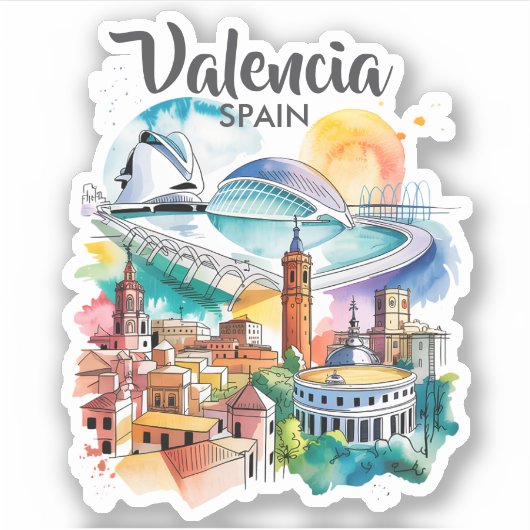 Valencia Spain Cityscape Watercolor Travel Custom シール (正面)