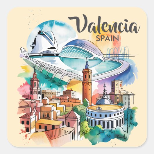 Valencia Spain Cityscape Watercolor Travel Custom スクエアシール (正面)