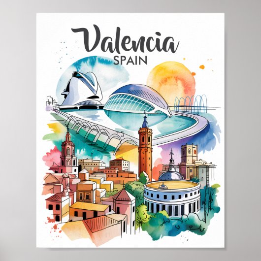 Valencia Spain Cityscape Watercolor Travel Custom ポスター (正面)