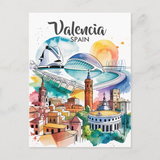 Valencia Spain Cityscape Watercolor Travel Custom ポストカード (正面)