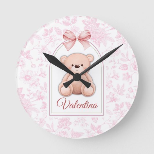 Valentina | Custom Pink Teddy Bear Nursery Design ラウンド壁時計 (正面)