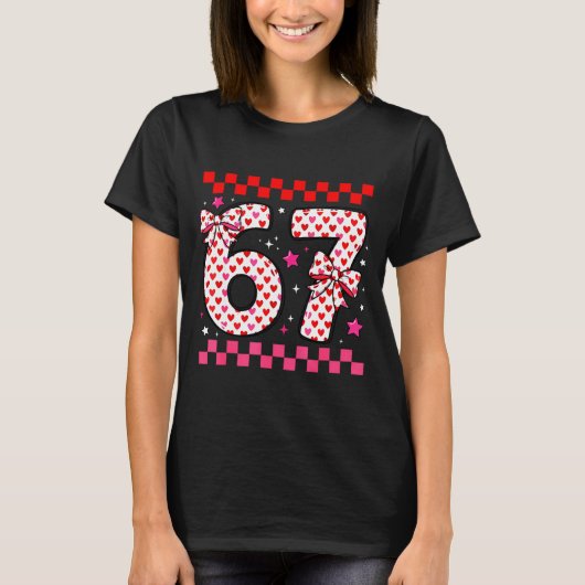 Valentine 67 Six Seven 6 7 Funny Heart Bow For Kid Tシャツ (正面)
