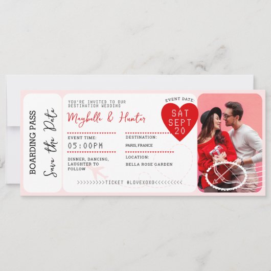 Valentine Airplane Boarding Pass Save The Date 招待状 (正面)