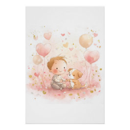 Valentine Baby & Puppy Nursery Art Print ポスター
