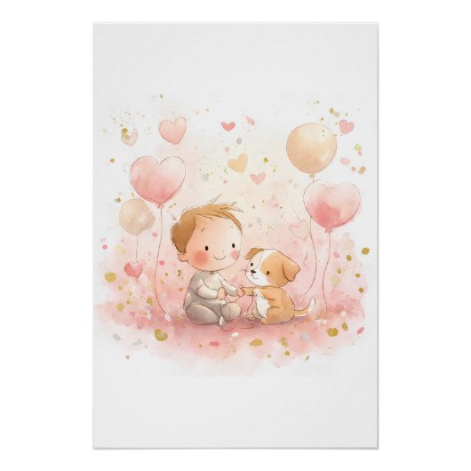 Valentine Baby & Puppy Nursery Art Print ポスター (正面)
