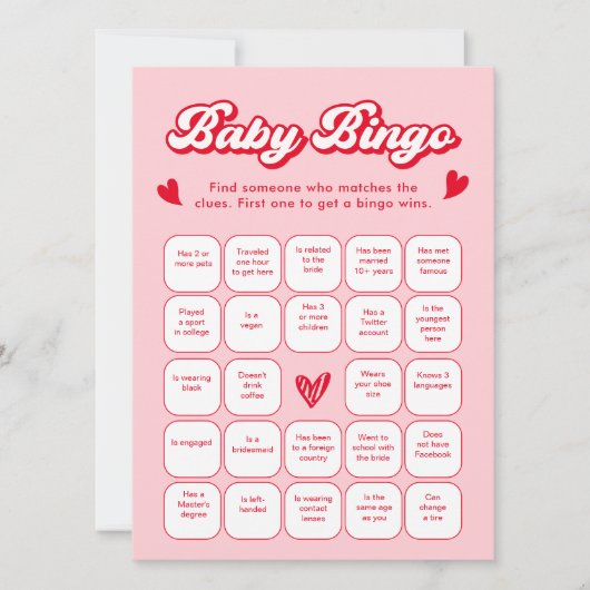 Valentine Baby Shower Baby Bingo Game Card 招待状 (正面)