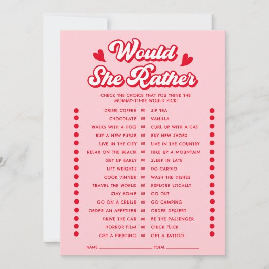 Valentine Baby Shower Would She Rather Game Card 招待状 (正面)