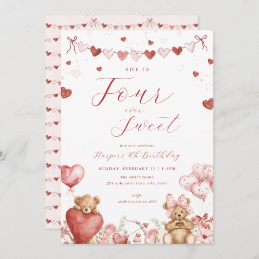 Valentine Bear Four Ever Sweet 4th Birthday Invite 招待状 (正面/裏面)