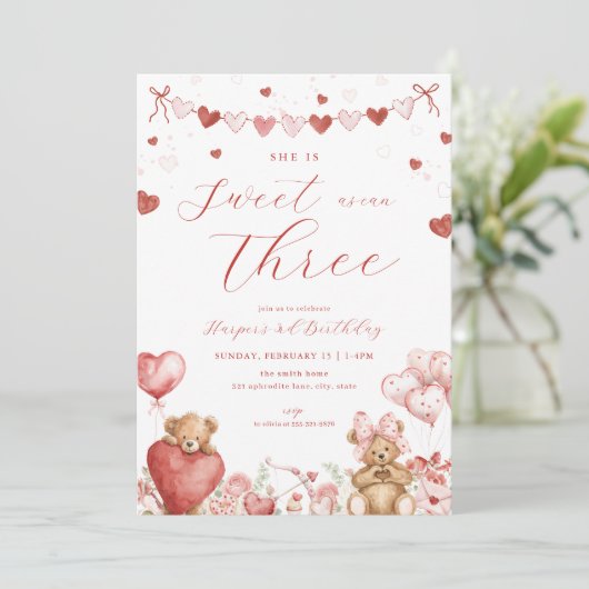 Valentine Bear Hearts Sweet Third Birthday Invite 招待状 (スタンド正面)
