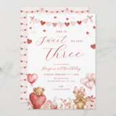 Valentine Bear Hearts Sweet Third Birthday Invite 招待状 (正面/裏面)