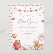 Valentine Bear Sweetheart Hearts Birthday Invite 招待状 (正面/裏面)