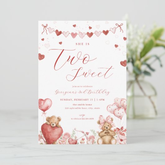 Valentine Bear Two Sweet Second Birthday Invite 招待状 (スタンド正面)