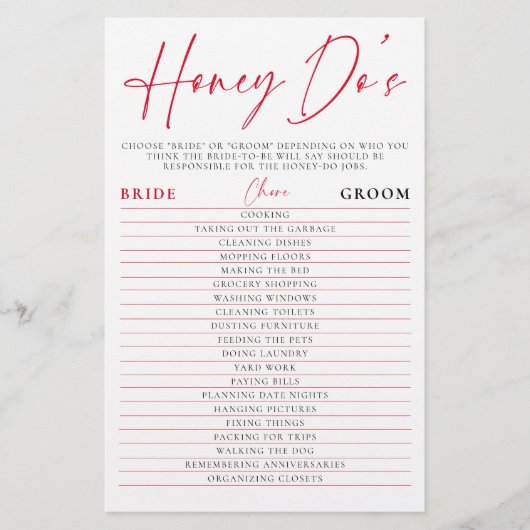 Valentine Bridal Shower Game Honey Do Watercolor チラシ (正面)