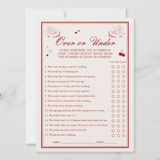 Valentine Bridal Shower Over or Under Game Card 招待状 (正面)